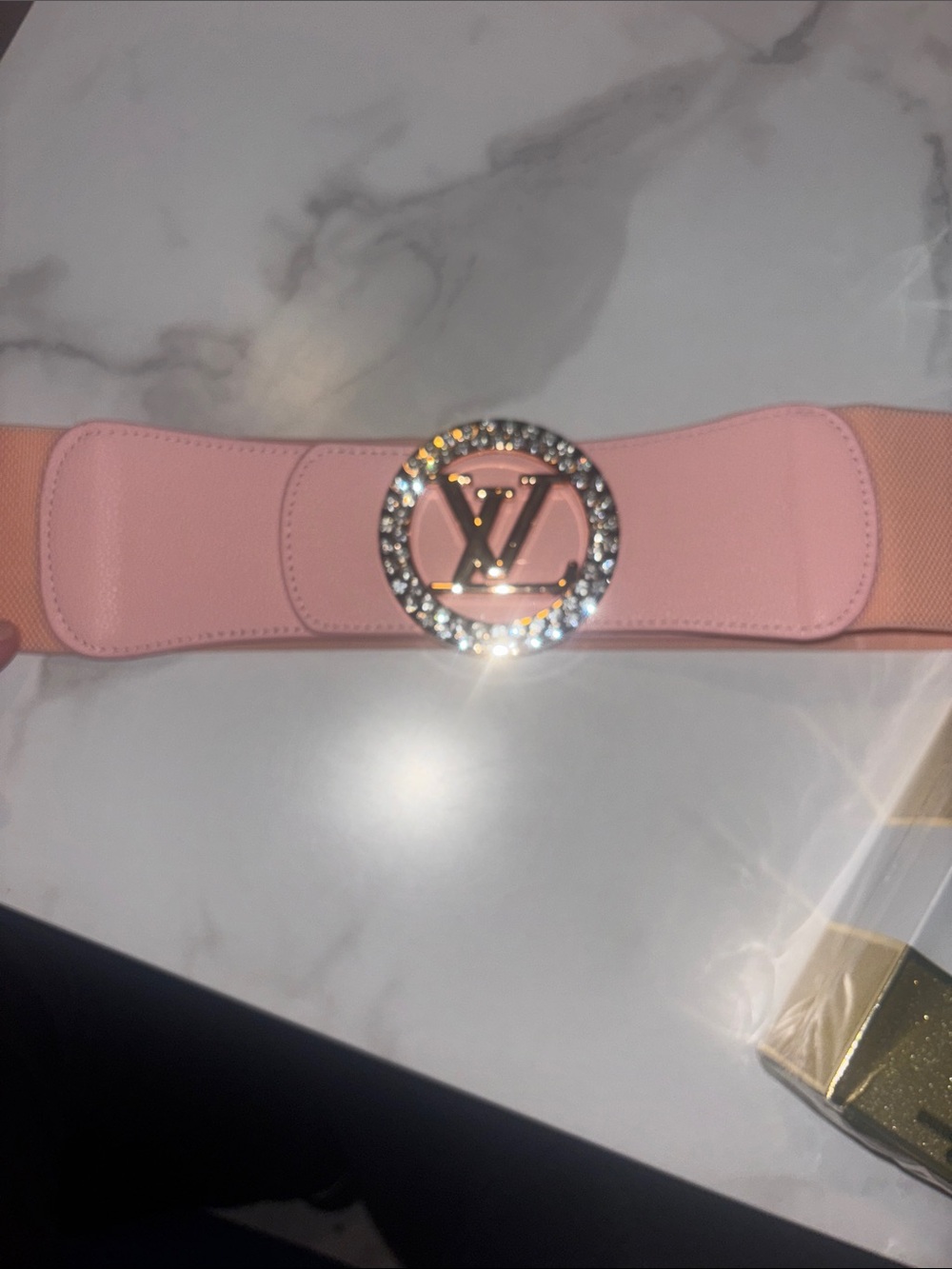 Inspired )Louis Vuitton Pink Elastic Logo Belt with Crystal buckle